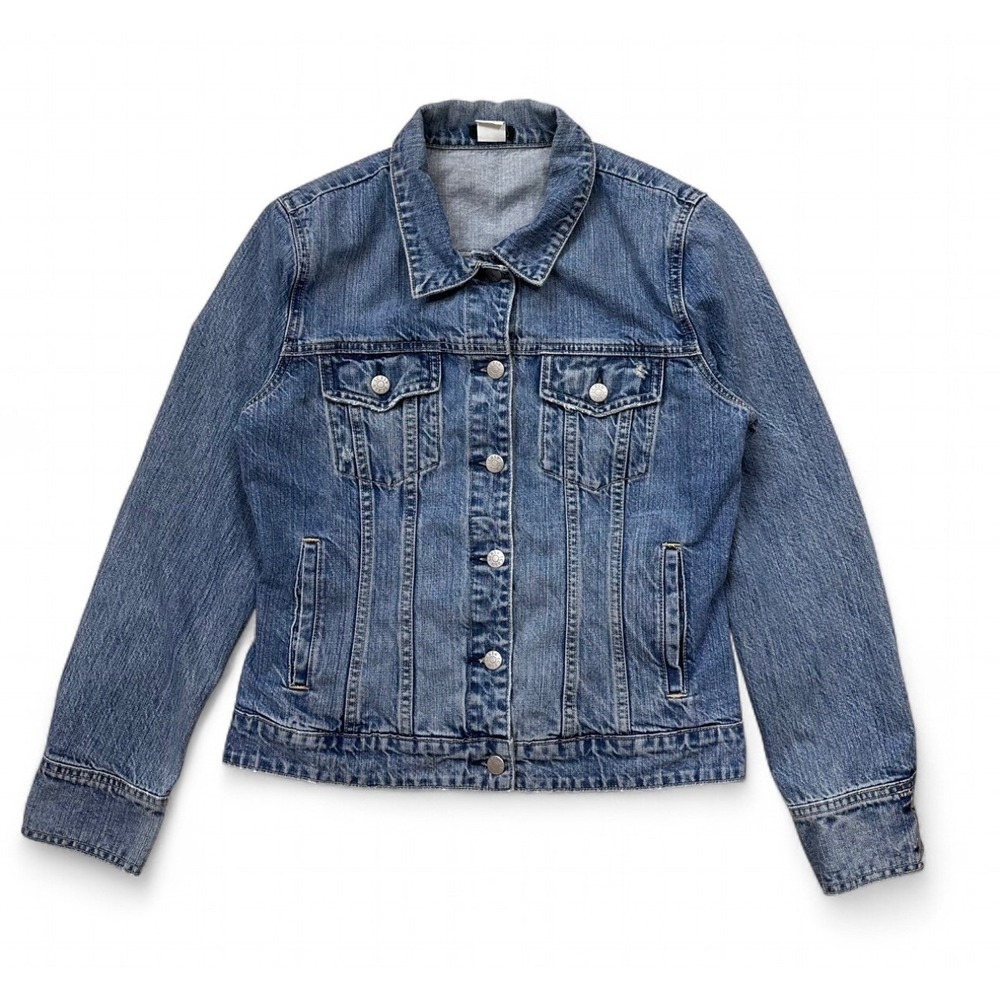 Vintage J.Crew‎ Blue Denim Trucker Jean Jacket Distressed Y2K Women's Medium - Picture 6 of 14